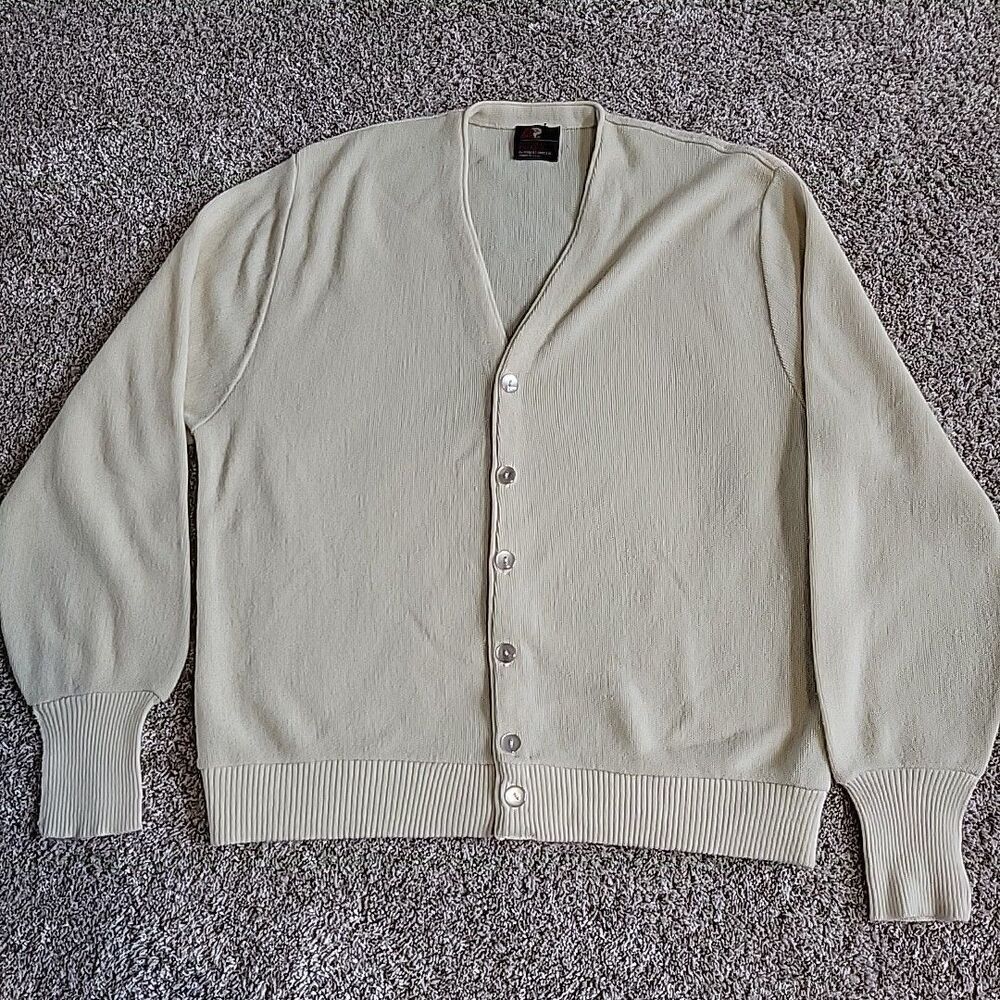 VTG 70s Arnold Palmer Robert Bruce Cream Cardigan Sweater USA‎ XL Grandpa Golf